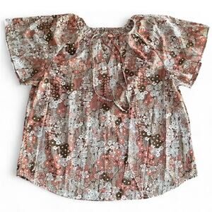 Womens Floral Blouse XL Boho Cottagecore Tie Neck Short Sleeve Top